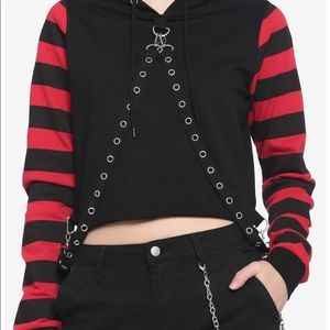 Hot Topic Red & Black Stripe Harness Girls Crop Hoodie. Brand New but w/o tags